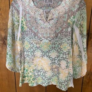JM Collection Green, Yellow & Cream Paisley Scoop-Neck Tunic